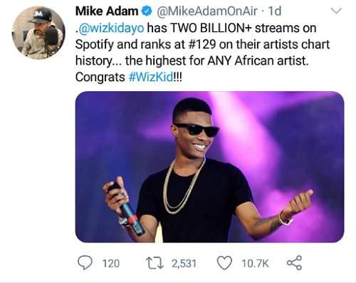 Wizkid Becomes First African Artiste To Hit 2 Billion Streams On Spotify