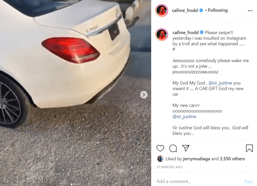 Frodd gets brand new Benz car from music executive, Sir Justine, after an IG user mocked him