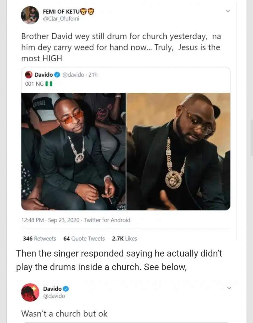 Davido reacts after he was called out for smoking weed after playing drums in 'church'