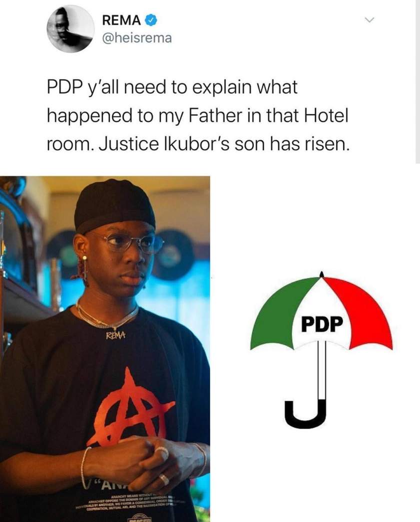 Rema Tackles PDP Over The Death Of His Father In A Hotel Room