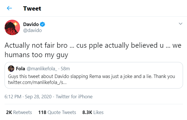 Davido reacts to rumor that he slapped Rema during #BBNaija finale