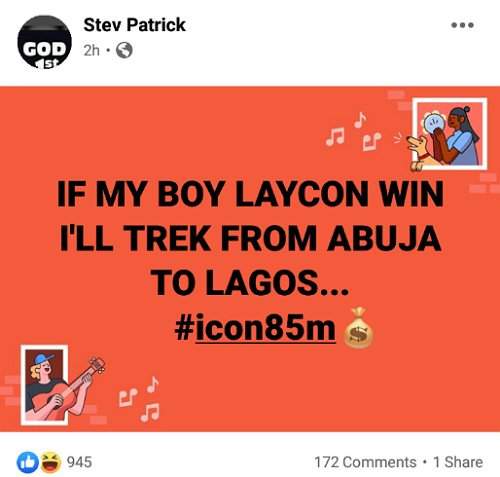 Man vows to trek from Abuja to Lagos if Laycon wins BBNaija season 5