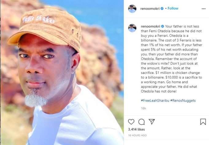 'Your father spent on you more than Otedola ever did on his daughters' - Reno Omokri advises