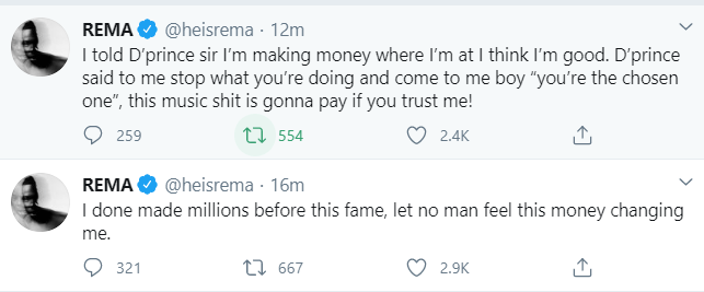 'I made millions before this fame, let no man feel money is changing me' - Rema rants on Twitter