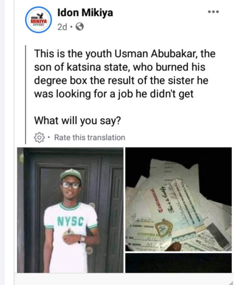 Frustrated graduate burns all his certificates due to inability to secure a job