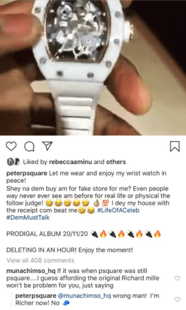 Peter Okoye reacts after he was accused of wearing a fake Richard Mille watch