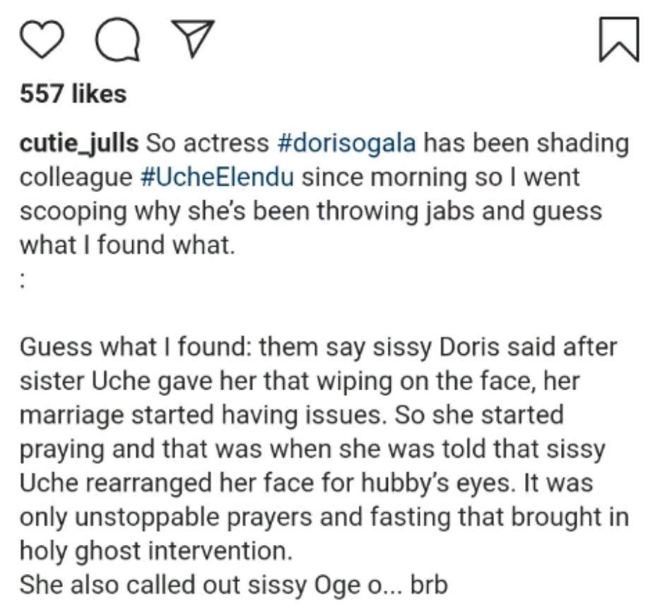 Actress Doris Ogala started facing marital problems after Uche Elendu wiped her face with white handkerchief- Blogger claims