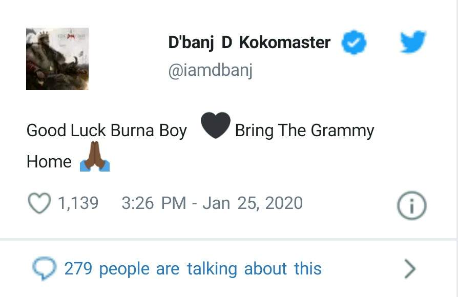 'Bring the Grammy Home' - Dbanj tells Burna Boy
