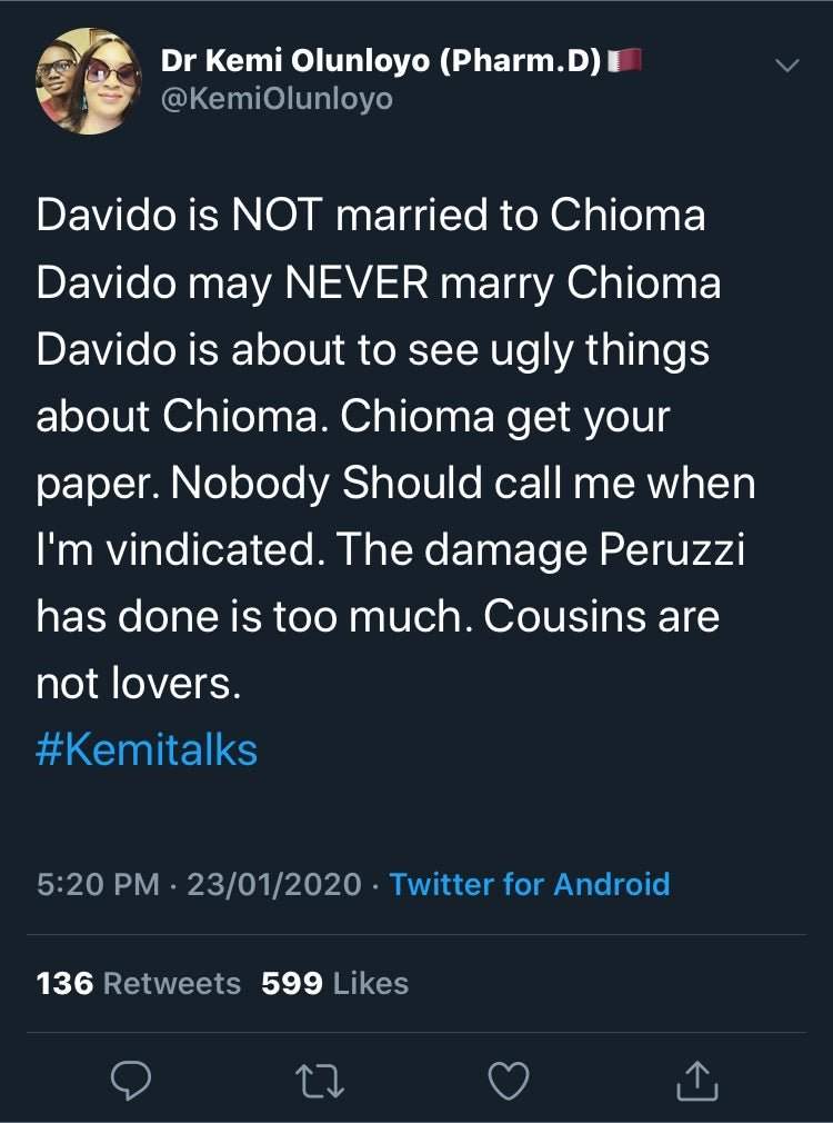 'Davido May Not Marry Chioma Again' - Kemi Olunloyo