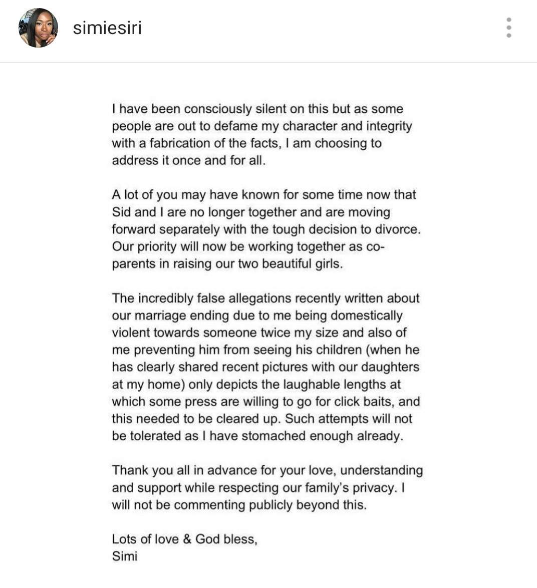 Simi Esiri confirms the end of her marriage to singer Dr Sid