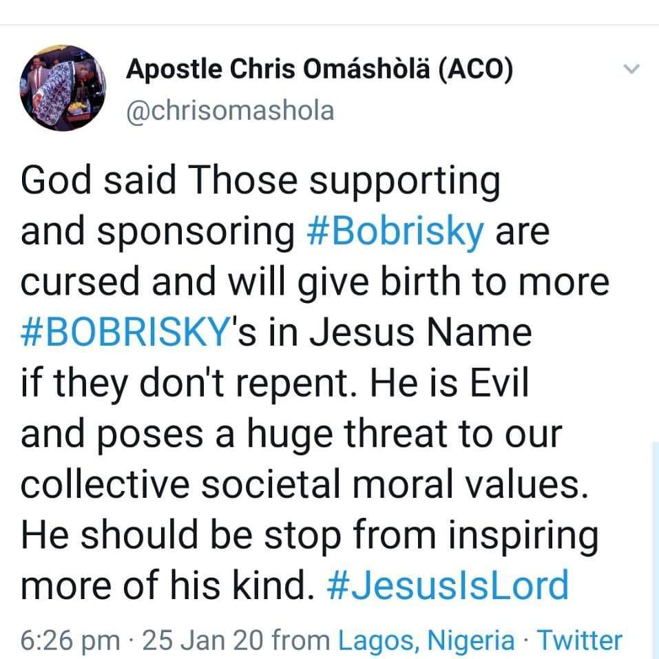 'Bobrisky is an agent of darkness' - Clergyman Apostle Omashola