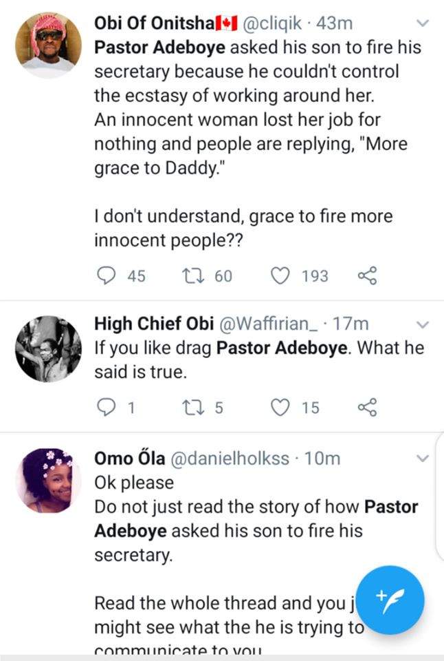 Nigerians react as Pastor Adeboye tells his 'son' to sack his secretary