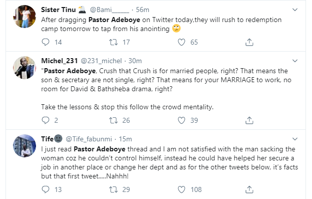 Nigerians react as Pastor Adeboye tells his 'son' to sack his secretary