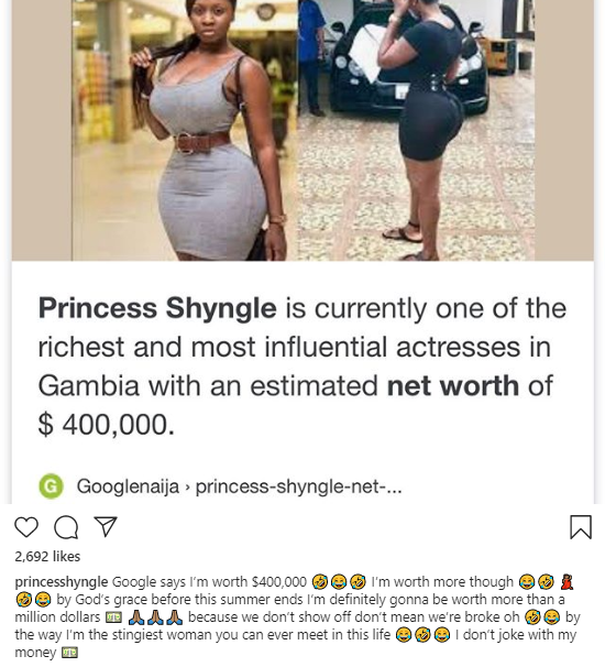 'Even if I fu**** for it it's still work Abeg' - Princess Shyngle says as site lists her estimated net worth at $400,000
