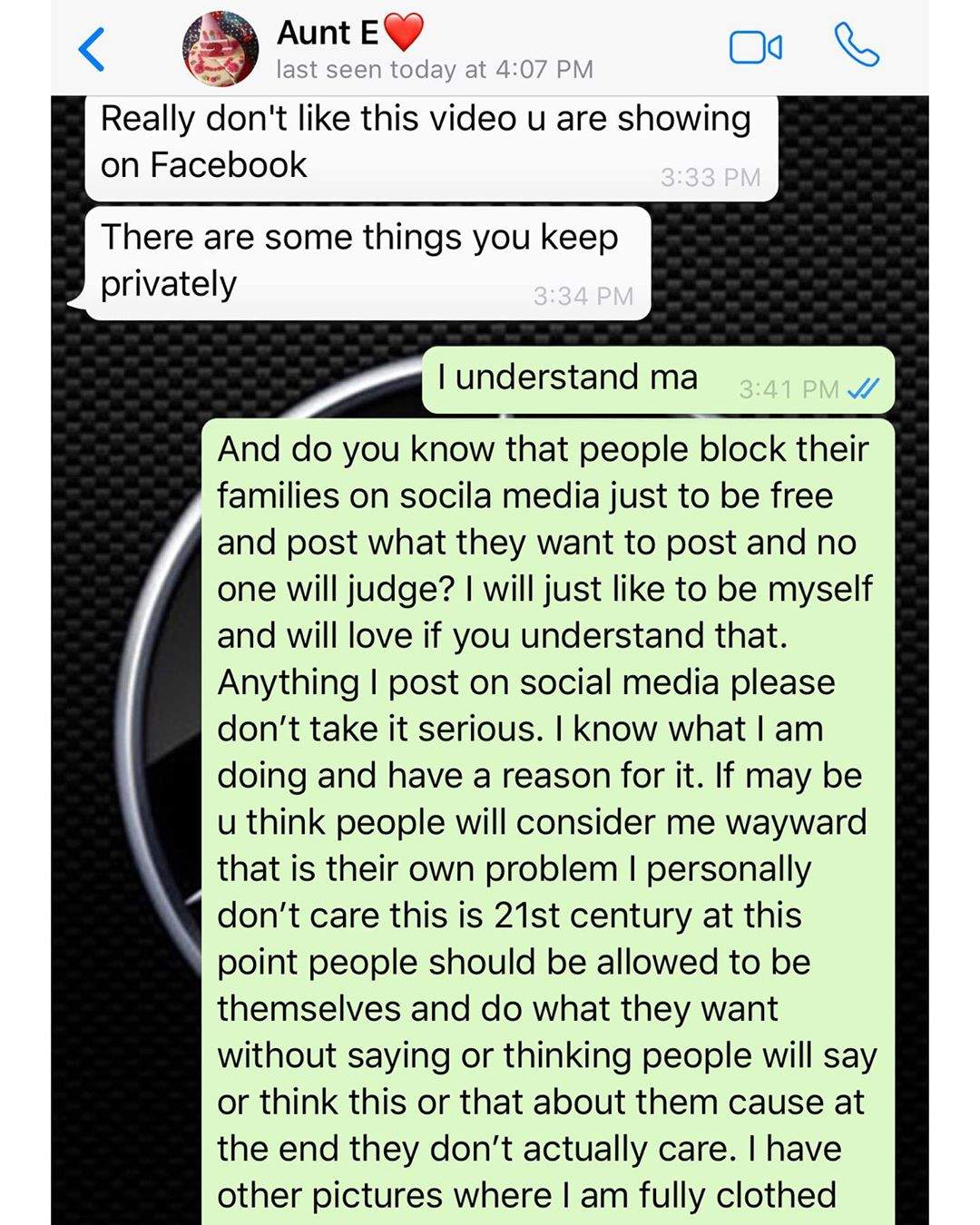 Nigerian lady shares her response to an aunt who's uncomfortable with her social media post