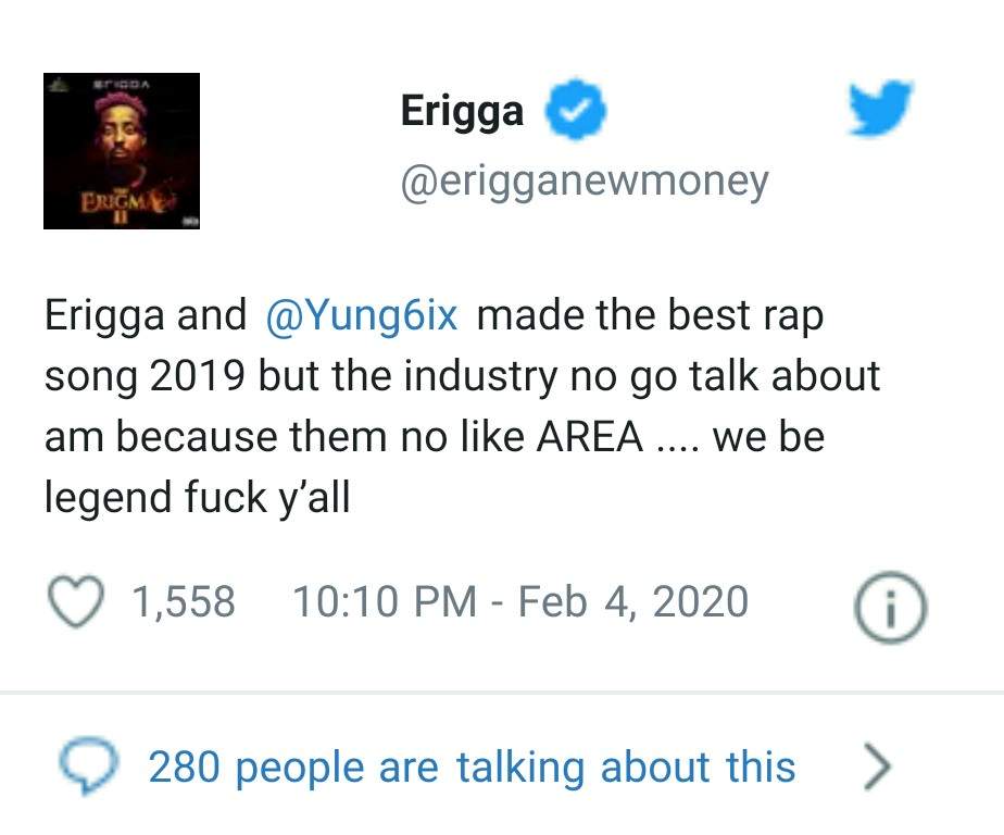 Myself and Yung6ix made the best rap song 2019 but the industry no go talk about am- Rapper Erigga