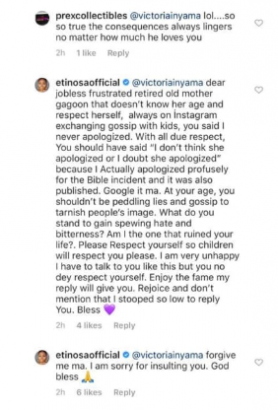 'You're a jobless retired old mother' - Etinosa slams Victoria Inyama