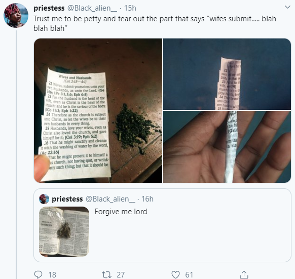 Woman tears out the part of the Bible asking wives to be submissive and uses it to smoke weed