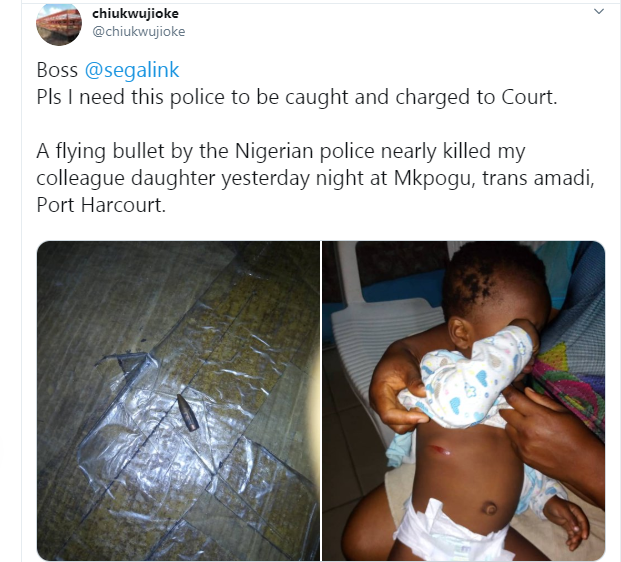 Baby nearly killed by stray bullet allegedly fired by police officer in Port Harcourt (Photos)