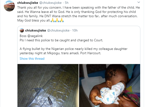 Baby nearly killed by stray bullet allegedly fired by police officer in Port Harcourt (Photos)