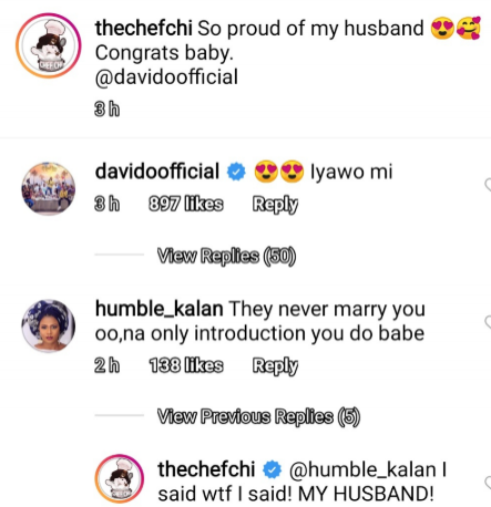Chioma replies a troll who slammed her for referring to Davido as her husband