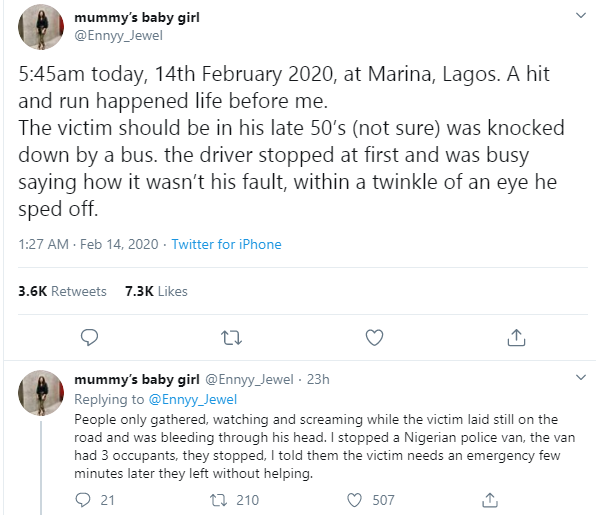 Lady narrates how she saved an accident victim's life after being told to leave him because 'this is Lagos'