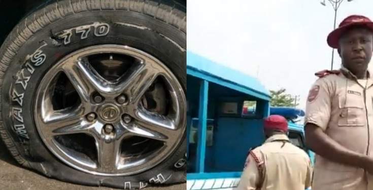 FRSC officials allegedly puncture tyre of a car driven by a lady rushing a pregnant woman in labour to the hospital (video)