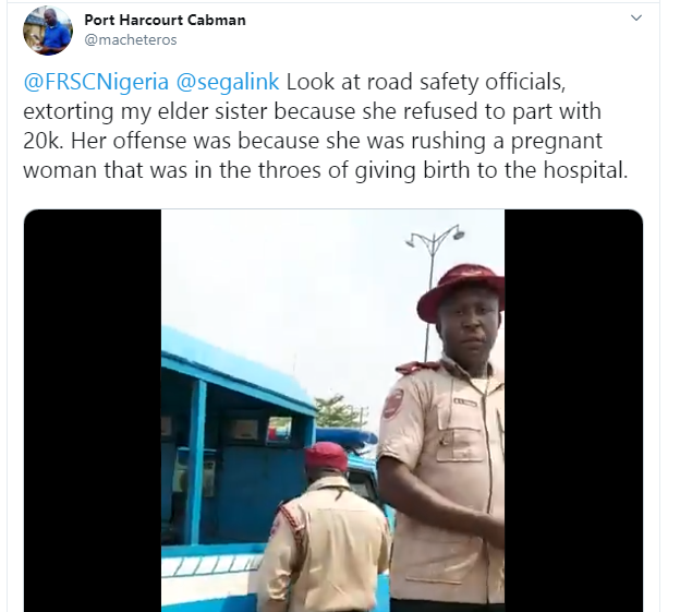 FRSC officials allegedly puncture tyre of a car driven by a lady rushing a pregnant woman in labour to the hospital (video)