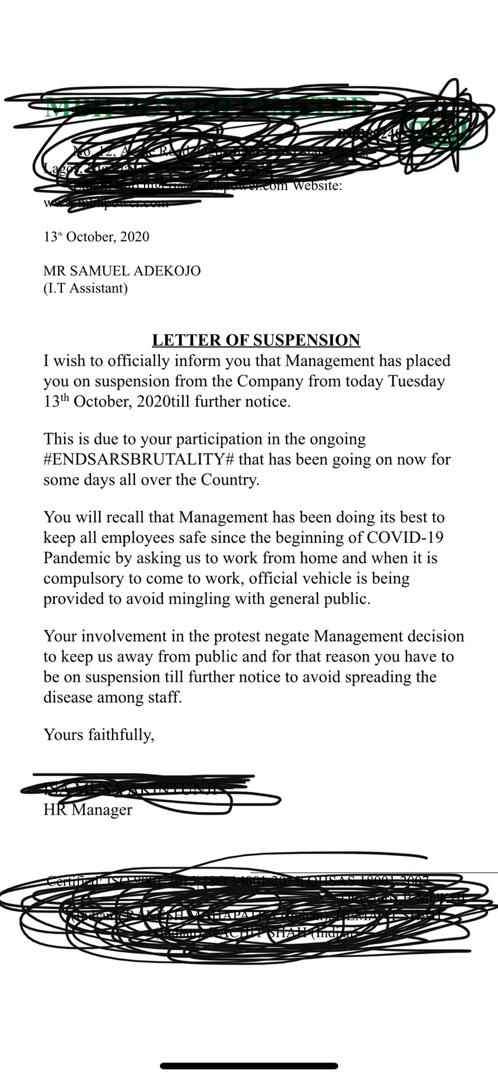 Nigerian Man Gets Suspended From Work After Joining #EndSARS Protest