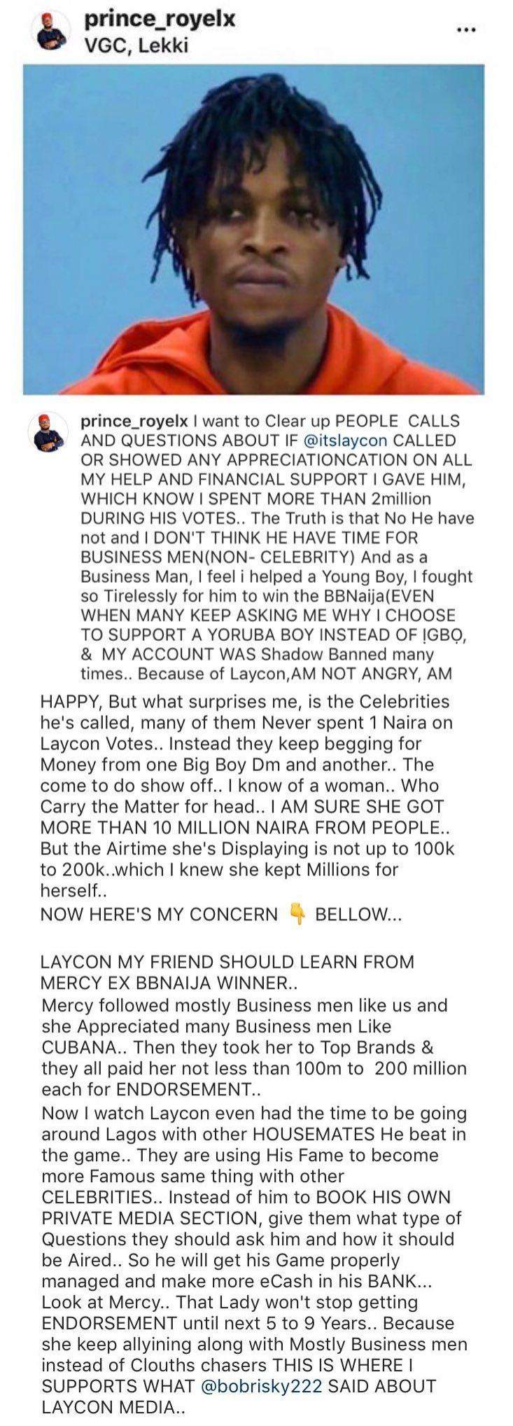 Businessman Calls Out Laycon For Not Appreciating Him After Spending Over N2million To Vote