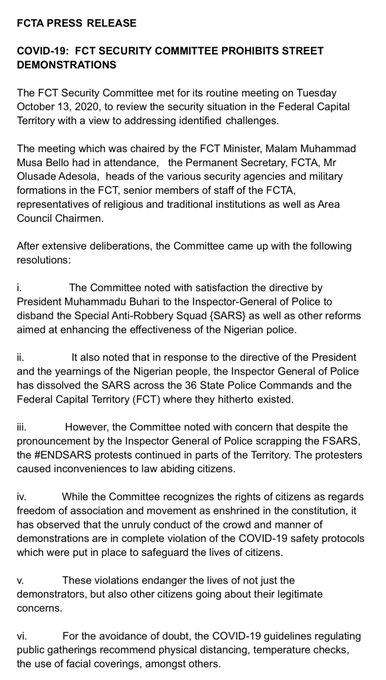 BREAKING: FCTA bans #EndSARS protests in Abuja