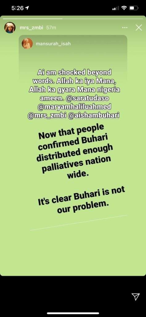 Zahra Buhari shares post stating that Buhari shared Covid-19 palliatives and is not Nigeria's problem