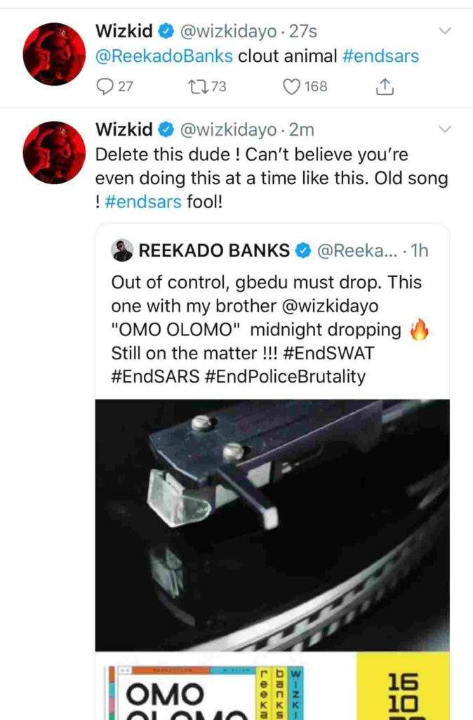 Wizkid blasts Reekado for attempting to release their 'old song' amidst #ENDSARS protests