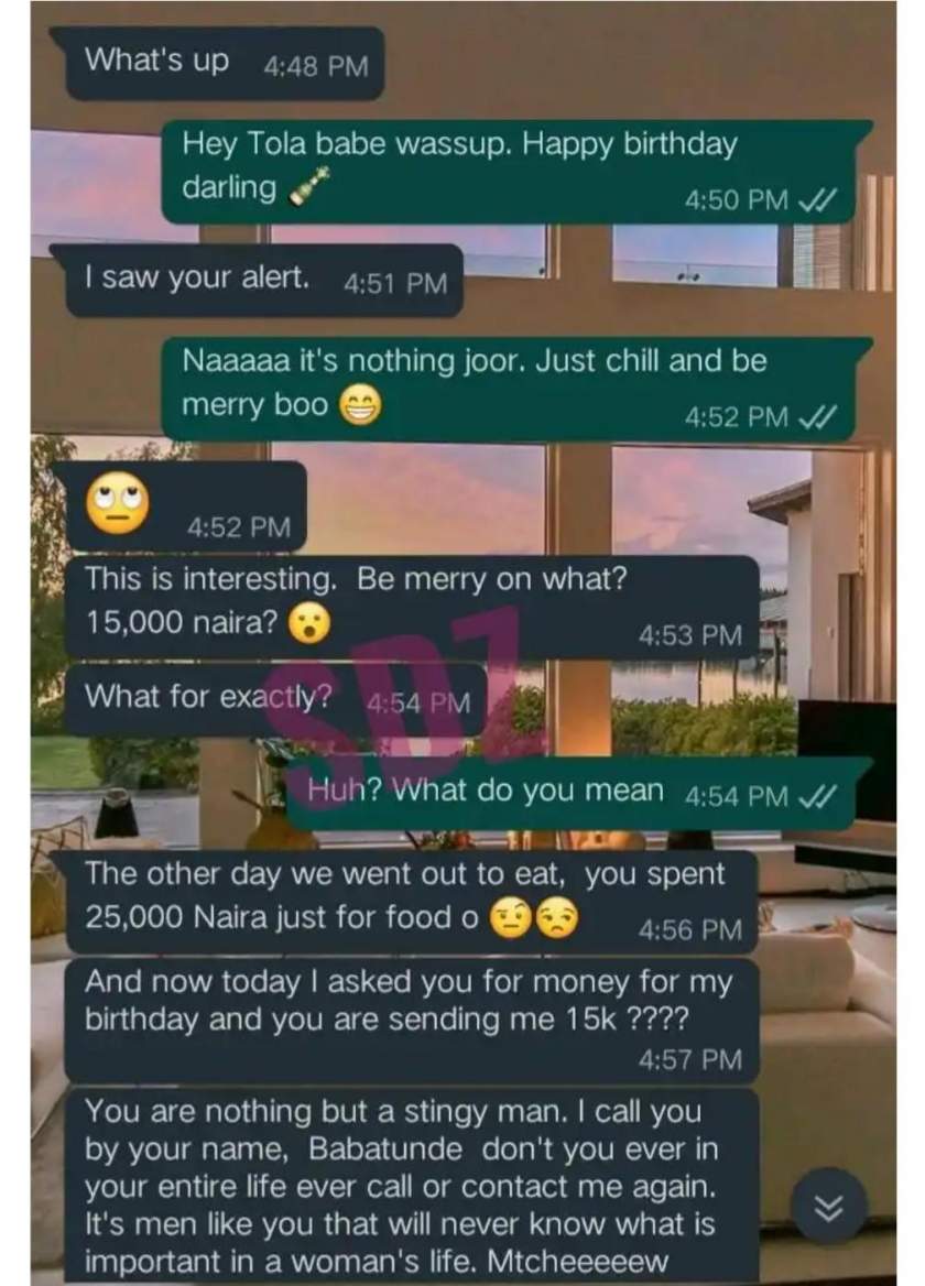 'You are nothing but a stingy man' - Lady blasts boyfriend for giving her N15K on her birthday after spending N25K on food