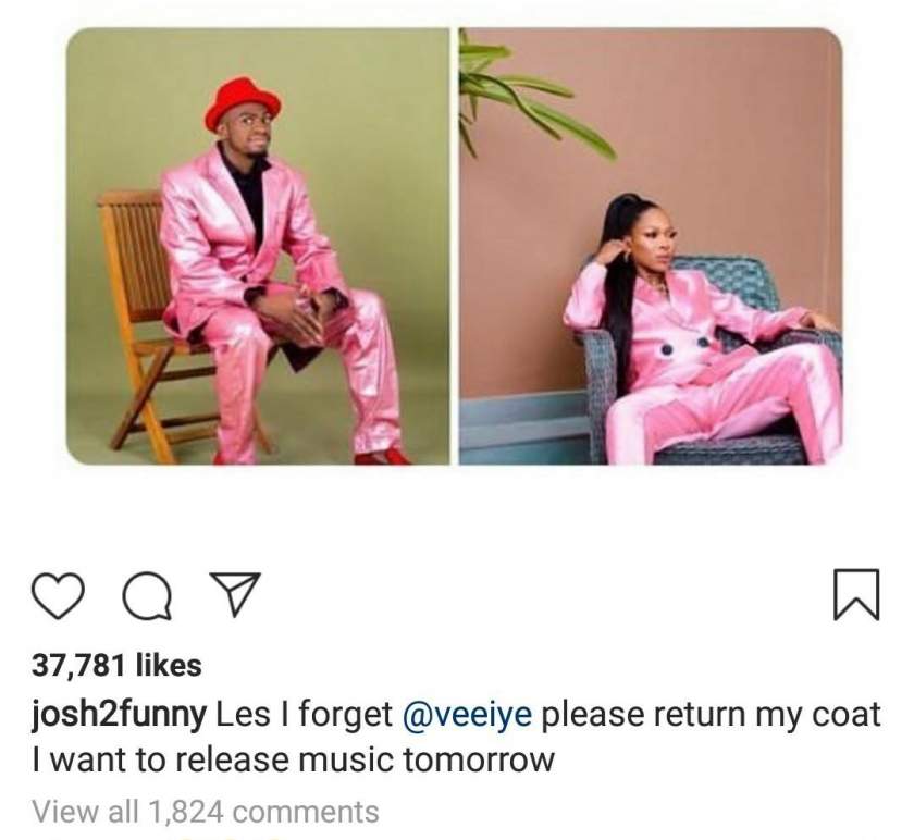 Josh2funny Calls Out BBNaija's Vee To Return The 'Coat' She Borrowed From Him