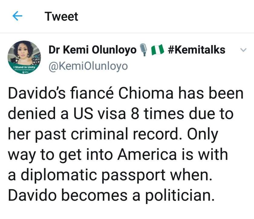 Davido's fiancee, Chioma allegedly denied US visa 8 times due to past criminal record