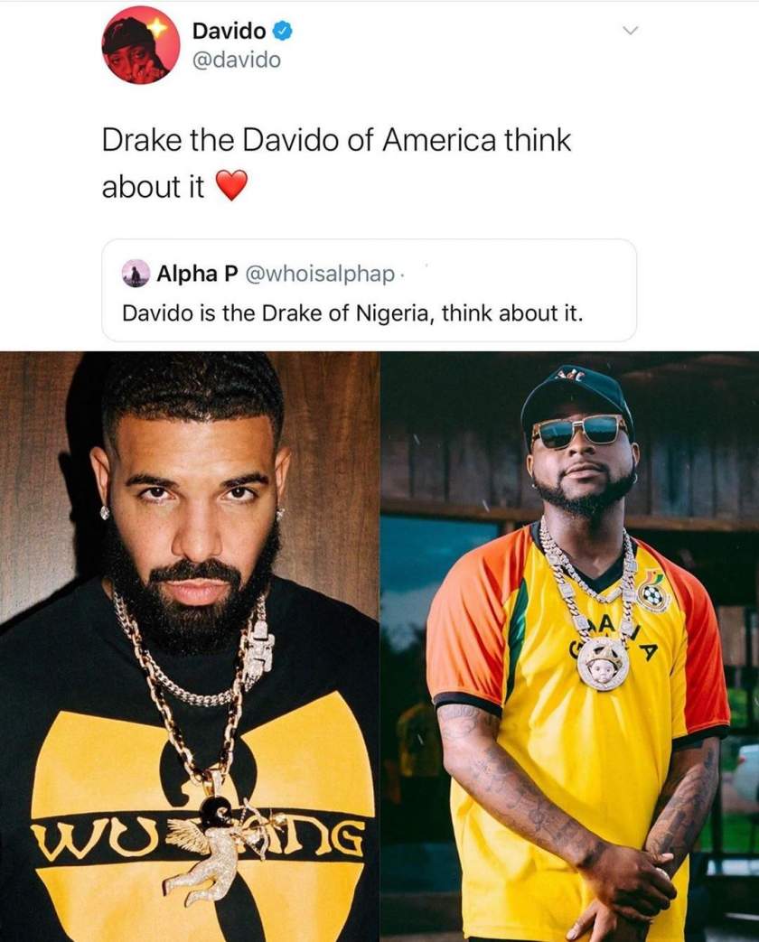 'Drake is the Davido of America' - Davido brags