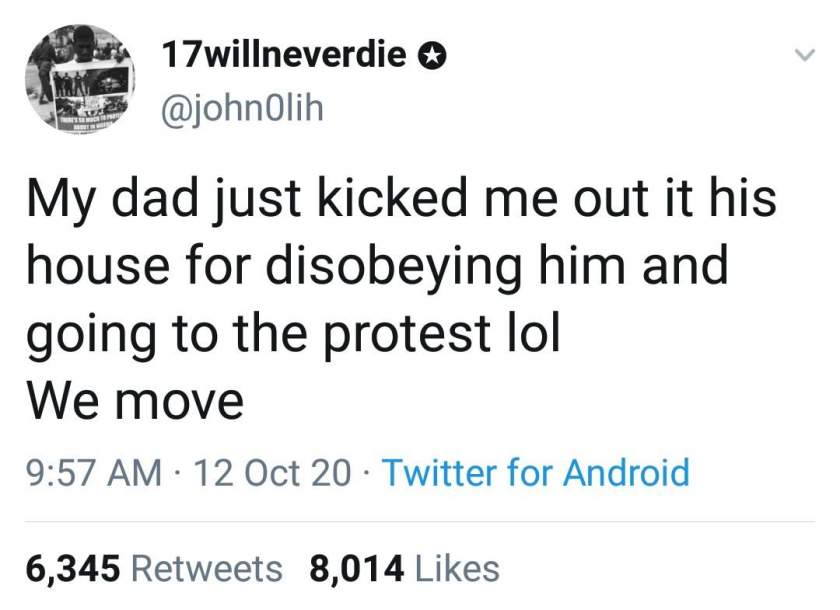 Nigerian father kicks son out of his house for joining the #EndSars protest