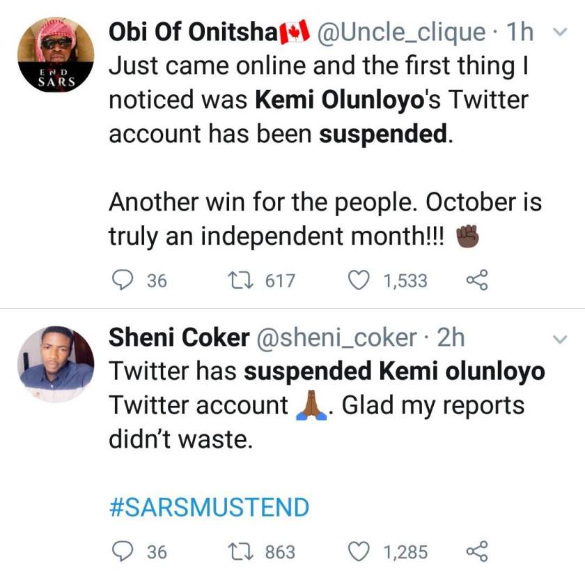 Nigerians Jubilate As Kemi Olunloyo Loses Twitter Account