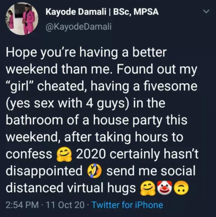 Heartbroken boyfriend calls out girlfriend, after she slept with four guys and reported herself to him