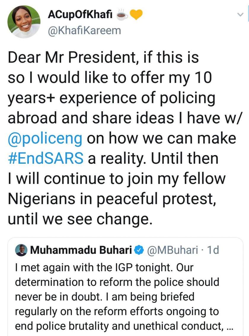 'I would like to offer my 10 years experience of policing abroad to make #EndSARS a reality' - Khafi Kareem writes Buhari