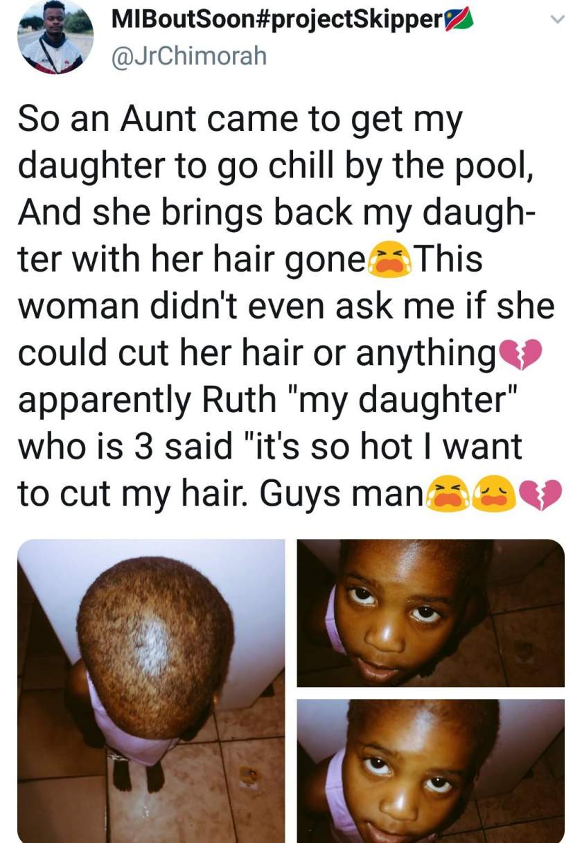 Man calls out his aunt who took his 3-year-old daughter to the pool and returned her back with hair shaved (Photos)