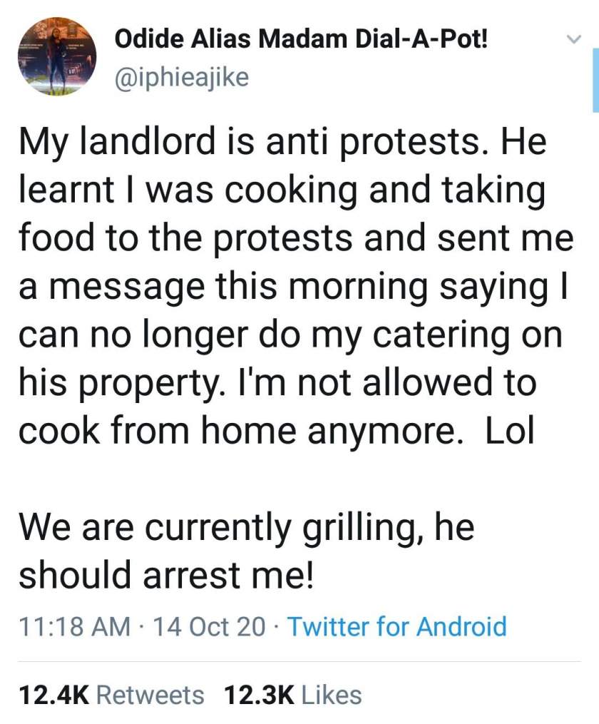 Landlord warns lady to stop cooking on his property after finding out that she was giving free food to protesters