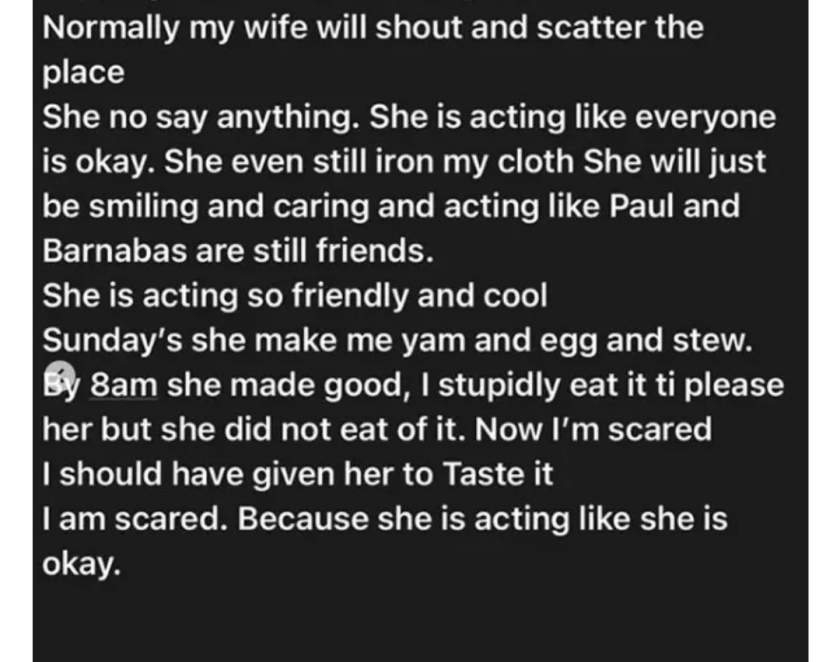 Man cries out as wife who caught him cheating, refuses to talk about it, acts very friendly with him