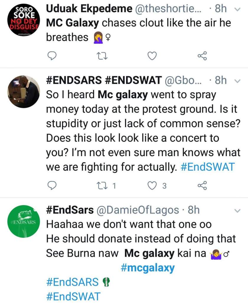 MC Galaxy dragged to filth for throwing N200 notes at #EndSars protesters in Lekki