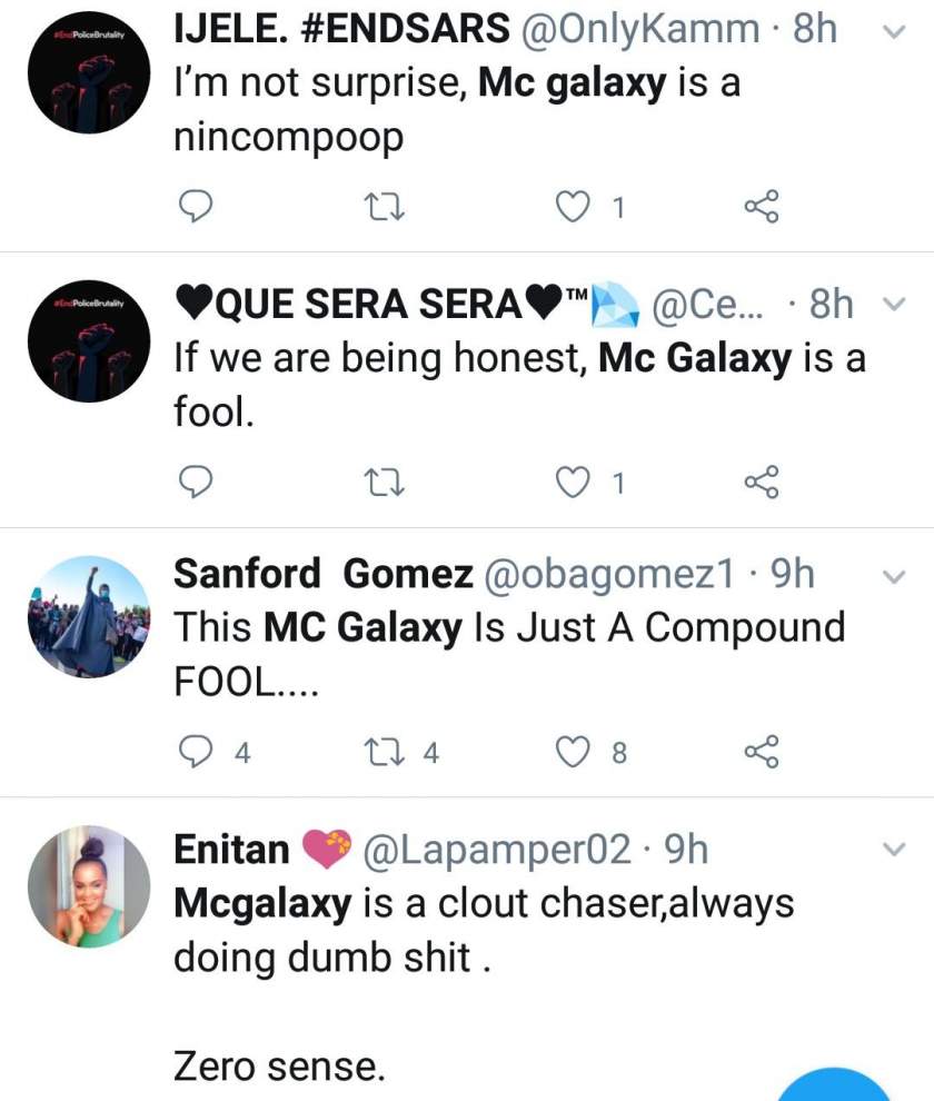 MC Galaxy dragged to filth for throwing N200 notes at #EndSars protesters in Lekki