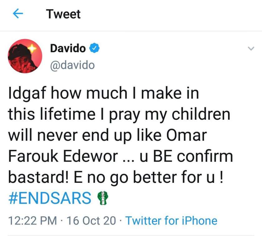 'You be confirm bastard! E no go better for you' - Davido blows hot