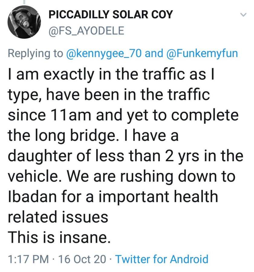 'If anything happens to my daughter' - Man warns #Endsars protesters after getting stuck in traffic with sick 2-year-old daughter