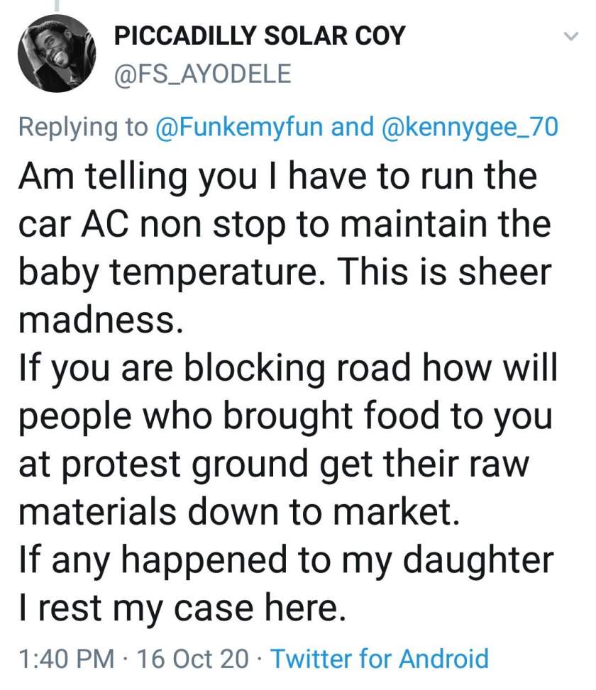 'If anything happens to my daughter' - Man warns #Endsars protesters after getting stuck in traffic with sick 2-year-old daughter