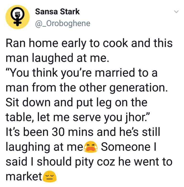 Lady reveals how her husband orders her to put her legs on the table, while he serves her food